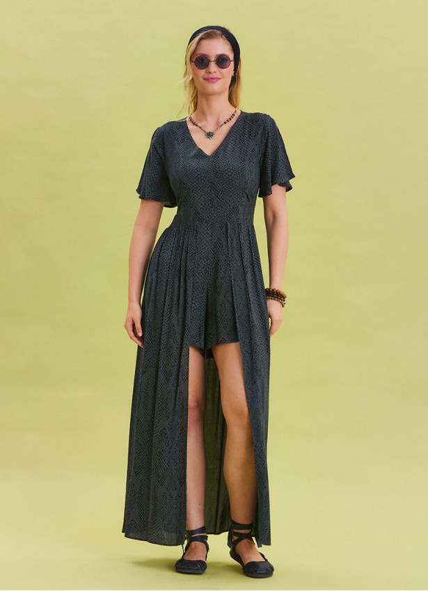 Flounce Sleeve Shorts Detailed Anthracite Women's Jumpsuit 4488